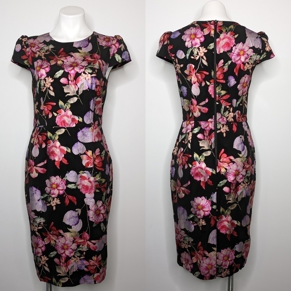 Betsy Johnson black pink purple floral pencil dress 6